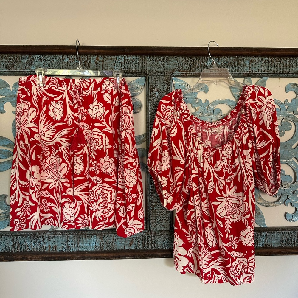 Knox Rose red tiered skirt and top, XL